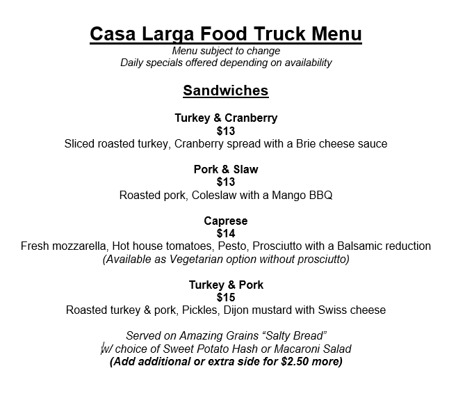 Casa Larga Food Truck Menu