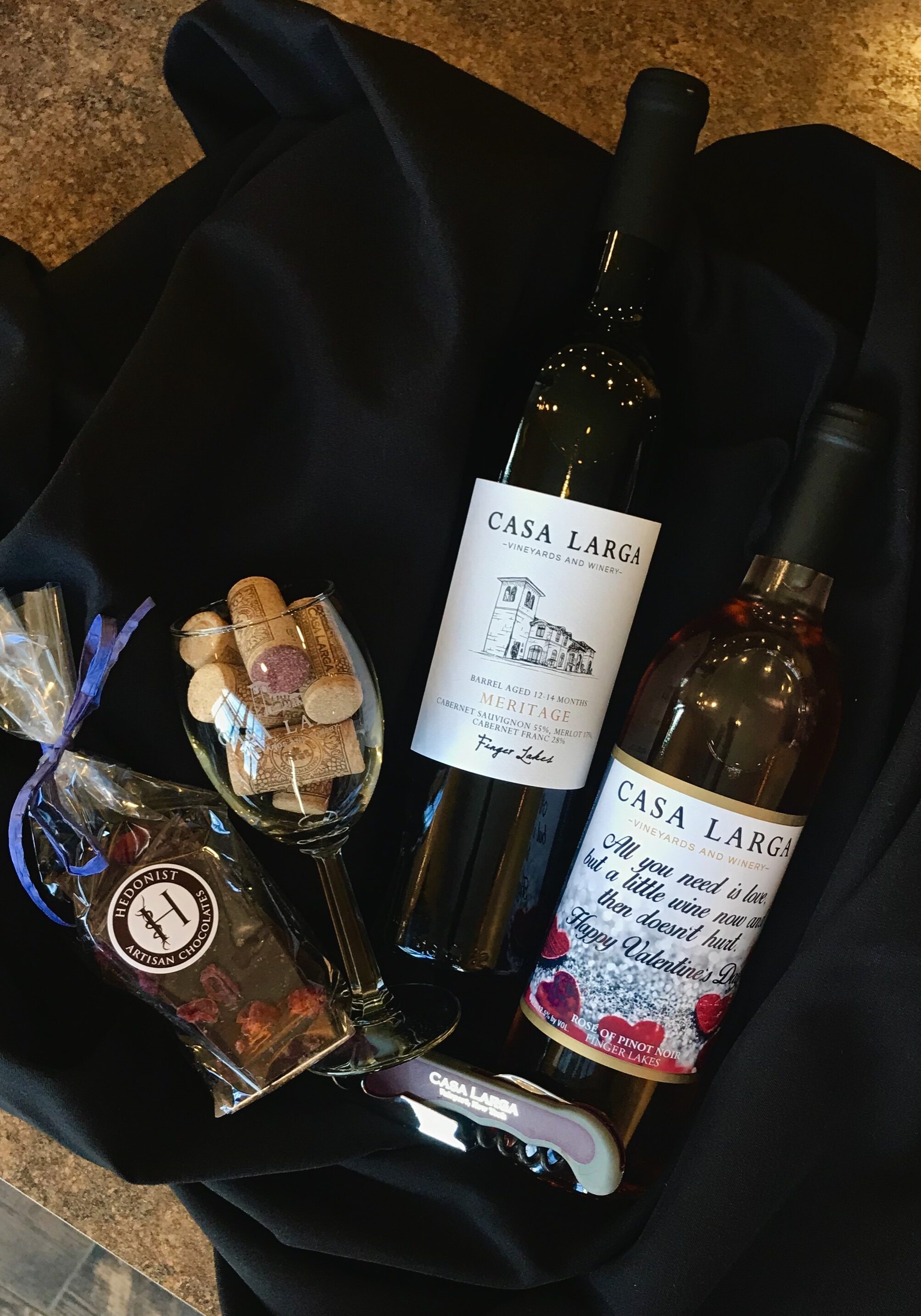 Valentine's Day Basket, Varying Wines and Chocolates, at Casa Larga Vineyards